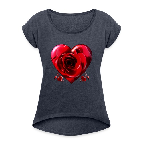 Rosenherz - Herzrose - Frauen T-Shirt mit gerollten Ärmeln