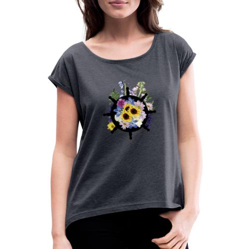 Blumen Steuerrad - Frauen T-Shirt mit gerollten Ärmeln