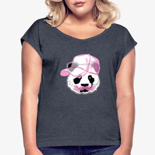 Panda - Pink - Cap - Mustache - Frauen T-Shirt mit gerollten Ärmeln