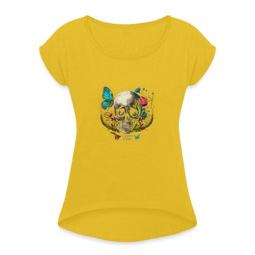 carpe diem - Totenkopf, Schmetterling, Blumen - Frauen T-Shirt mit gerollten Ärmeln
