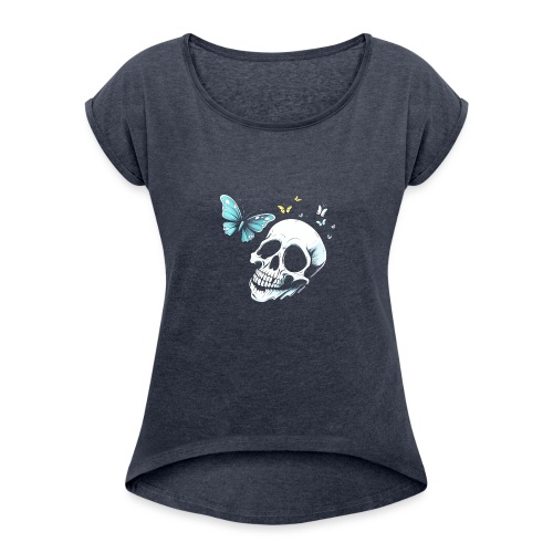 Totenkopf mit Schmetterling - Frauen T-Shirt mit gerollten Ärmeln