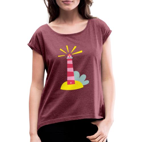 Rosaroter Leuchtturm - Frauen T-Shirt mit gerollten Ärmeln