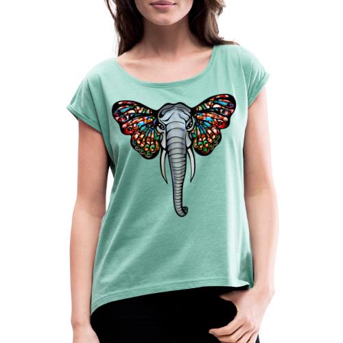 Elefant mit Schmetterling Ohren, Afrika, Tiere - Frauen T-Shirt mit gerollten Ärmeln