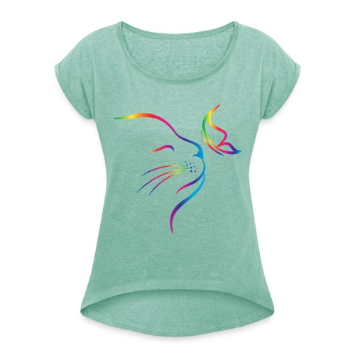 Vorschau: rainbow butterfly cat - Frauen T-Shirt mit gerollten Ärmeln