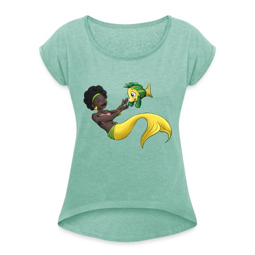 Schwarzes Mädchen als Meerjungfrau - Frauen T-Shirt mit gerollten Ärmeln