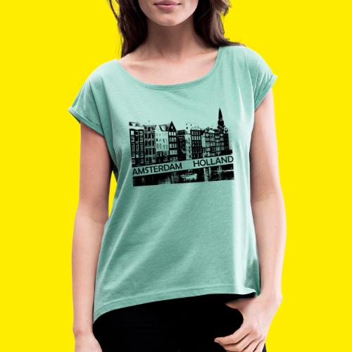 Amsterdam Canal, houses and boat Holland - Vrouwen T-shirt met opgerolde mouwen