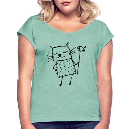 Süße Katze mit Fisch - Frauen T-Shirt mit gerollten Ärmeln