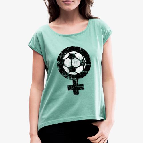 Frauenfussball Vintage zweifarbig - Frauen T-Shirt mit gerollten Ärmeln