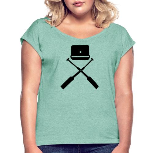 Emblem Drachenboot Paddel + Trommel (schwarz) - Frauen T-Shirt mit gerollten Ärmeln