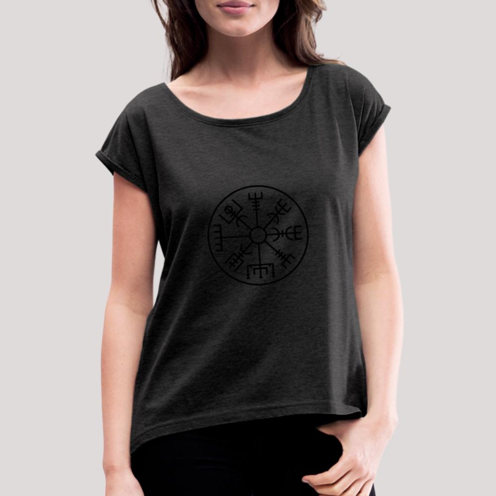 Vegvisir Kreis - Frauen T-Shirt mit gerollten Ärmeln Schwarz meliert