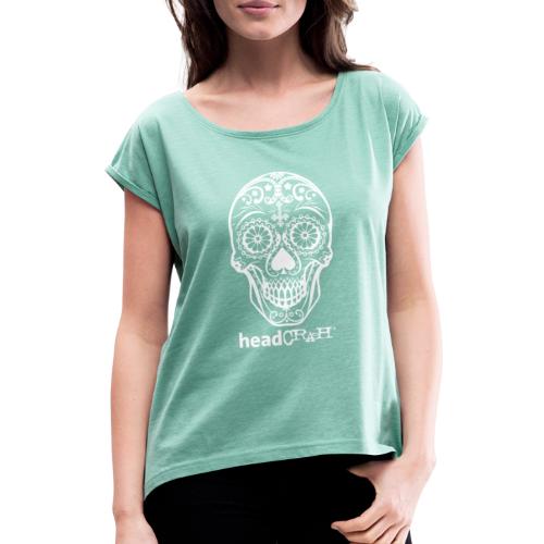 Skull & Logo white - Frauen T-Shirt mit gerollten Ärmeln