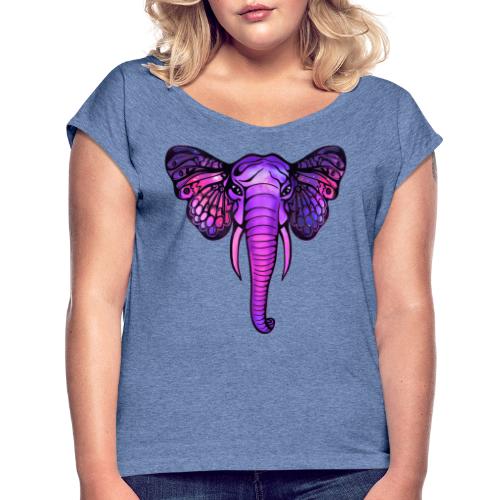 Space Elefant, Schmetterling Ohren, Afrika, Kosmos - Frauen T-Shirt mit gerollten Ärmeln