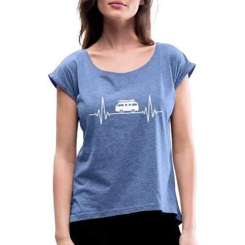 Herzschlag Camping & witziger EKG Frequenz Camper - Frauen T-Shirt mit gerollten Ärmeln