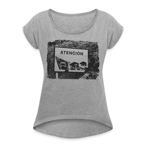 Achtung Bären kreuzen / TourVueltaGiro beidseitig - Frauen T-Shirt mit gerollten Ärmeln