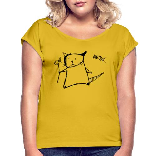 Katze mit Fisch Meow - Frauen T-Shirt mit gerollten Ärmeln
