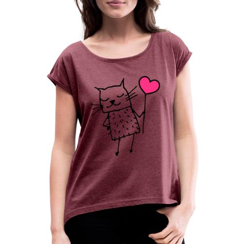 Katze mit Herz: Liebe - Frauen T-Shirt mit gerollten Ärmeln