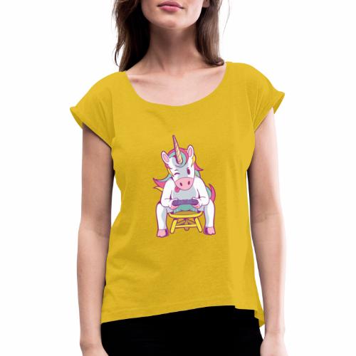 gamer unicorn - Frauen T-Shirt mit gerollten Ärmeln