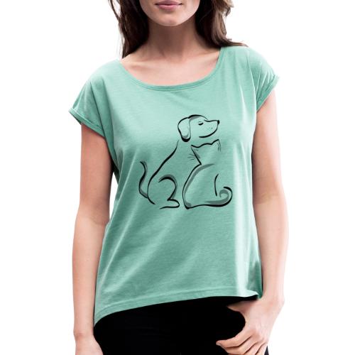 Dog and Cat - Frauen T-Shirt mit gerollten Ärmeln