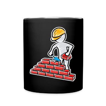 Bauarbeiter mit Maurerkelle, Mörtel und Mauer - Tasse einfarbig - Schwarz - Vorne