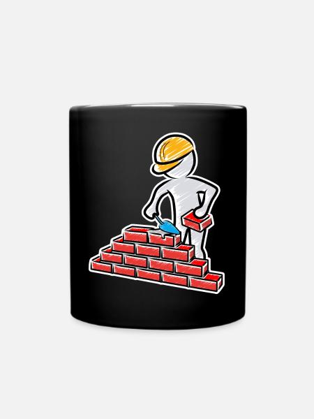 Travailleur de la construction avec truelle, mortier et mur - Mug uni - noir