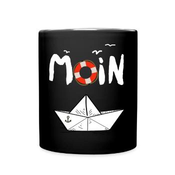 Moin Möwen Rettungsring Papierboot Schiff - Tasse einfarbig - Schwarz - Vorne