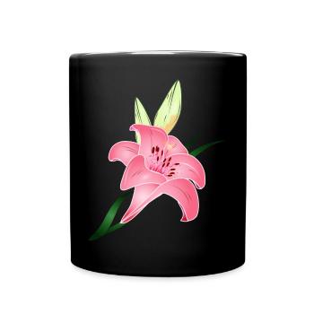 rosafarbene Lilien Blüte mit zwei Knospen - Tasse einfarbig - Schwarz - Vorne