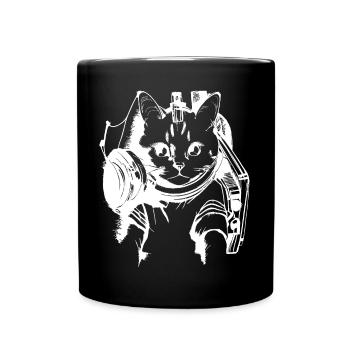 Katzen DJ Artwork Weiß - Tasse einfarbig - Schwarz - Vorne