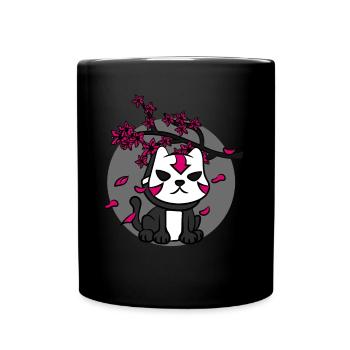 Japanese Oni Mask Cat and Cherry Blossom Anime - Full Colour Mug - black - Front