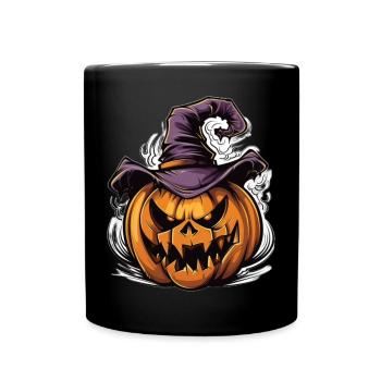 Gruseliger Halloween Kürbis mit Hexenhut - Tasse einfarbig - Schwarz - Vorne