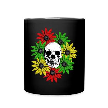 Blumen gerahmter Totenkopf - Tasse einfarbig - Schwarz - Vorne