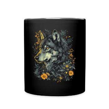 Wolf Wolfskopf Mystisch Blumen Natur Wildnis Kunst - Tasse einfarbig - Schwarz - Vorne