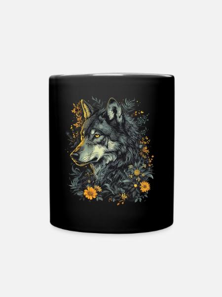 Wolf Wolfskopf Mystisch Blumen Natur Wildnis Kunst - Tasse einfarbig - Schwarz
