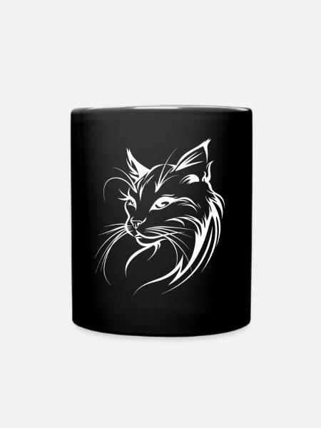 Cat Silhouette Outline Drawing Lineart Art - Full Colour Mug - black