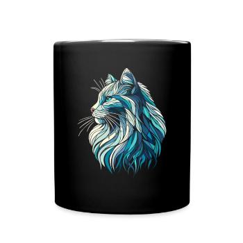 Blue cat head, geometric art, polygons - Full Colour Mug - black - Front