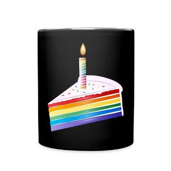 Piece of rainbow cake with birthday candle - Full Colour Mug - black - Front