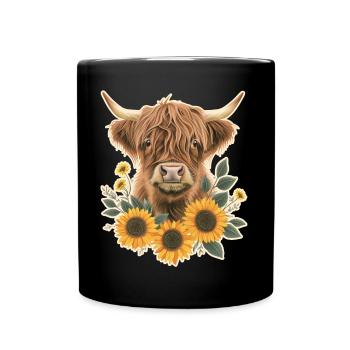 Bovins des Highlands avec des fleurs - Mug uni - noir - Devant