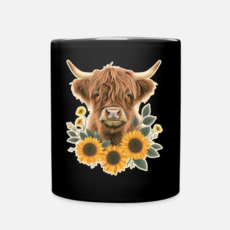 Hochlandrind mit Blumen - Tasse einfarbig - Schwarz