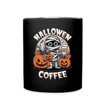 Halloween Mummy with Pumpkins and Coffee - Full Colour Mug - black - Front