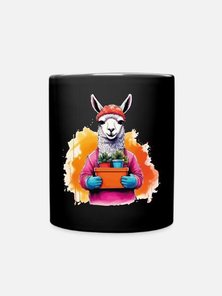 Lama mit Blumen im Topf - Tasse einfarbig - Schwarz