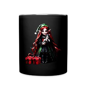 Weihnachtself mit Kätzchen. - Tasse einfarbig - Schwarz - Vorne