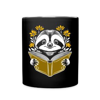 Faultier mit Buch und Blumen Bücher lesen - Tasse einfarbig - Schwarz - Vorne