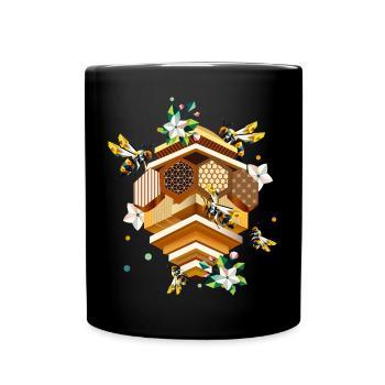 Ruche envahie par les abeilles et les pommiers en fleurs - Mug uni - noir - Devant