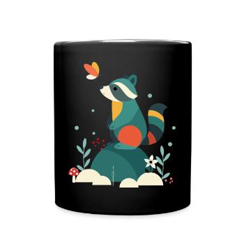 Waschbär & Schmetterling-Niedliches Waldtier-Motiv - Tasse einfarbig - Schwarz - Vorne