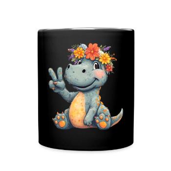 Dinosaure joyeux avec couronne de fleurs - Mug uni - noir - Devant