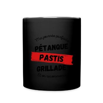 Pétanque, pastis, grillade et on recommence - Mug uni - noir - Devant