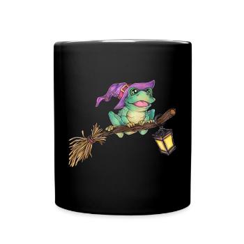 Niedlicher Frosch auf Hexenbesen Magie Halloween - Tasse einfarbig - Schwarz - Vorne