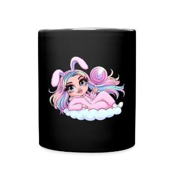 Skurriles Hasenmädchen mit Lutscher - Tasse einfarbig - Schwarz - Vorne
