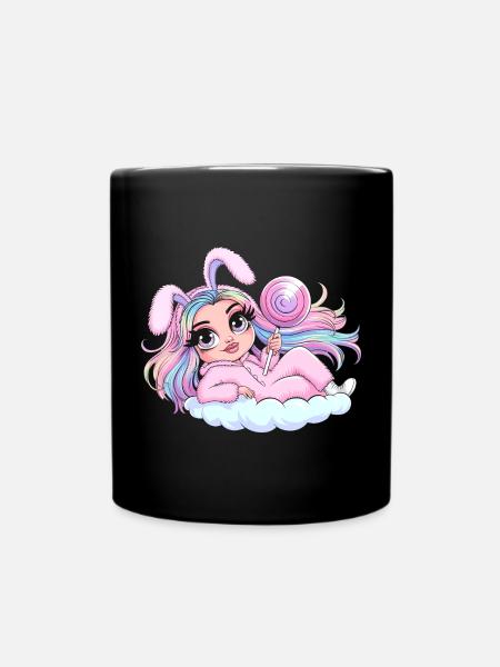 Whimsical Bunny Girl with Lollipop - Full Colour Mug - black