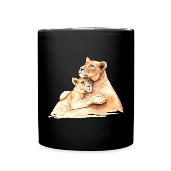 Liebevolle Löwen - Mama und Kind umarmen sich - Tasse einfarbig - Schwarz - Vorne