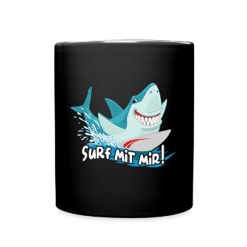Surfen mit dem Hai | lustiger Hai | Wellenreiten - Tasse einfarbig - Schwarz - Vorne